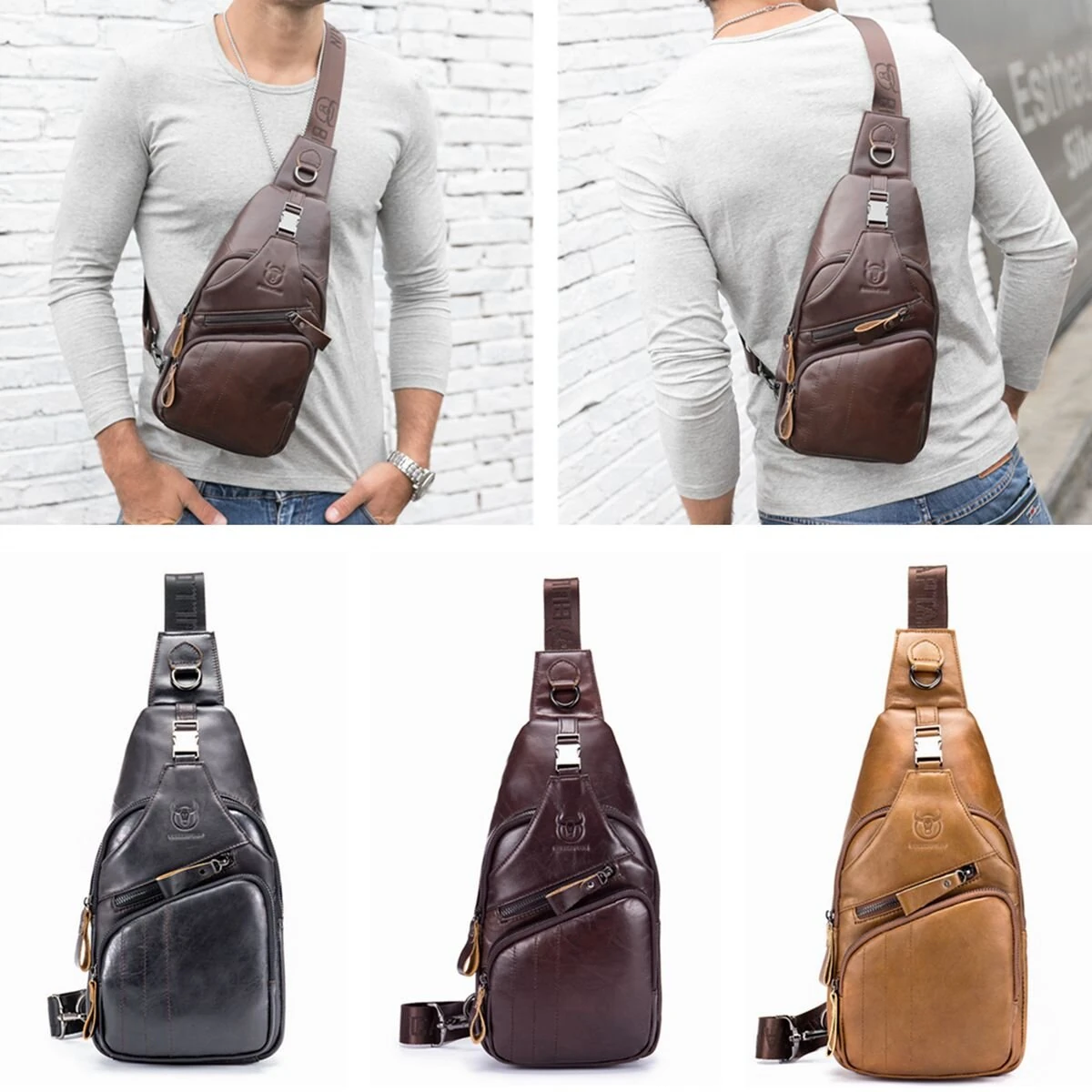 (image for) BULLCAPTAIN Men Multi-Pocket Leather Chest Bag Casual Sports Multifunctional Large Capacity Crossbody Shoulder Bag